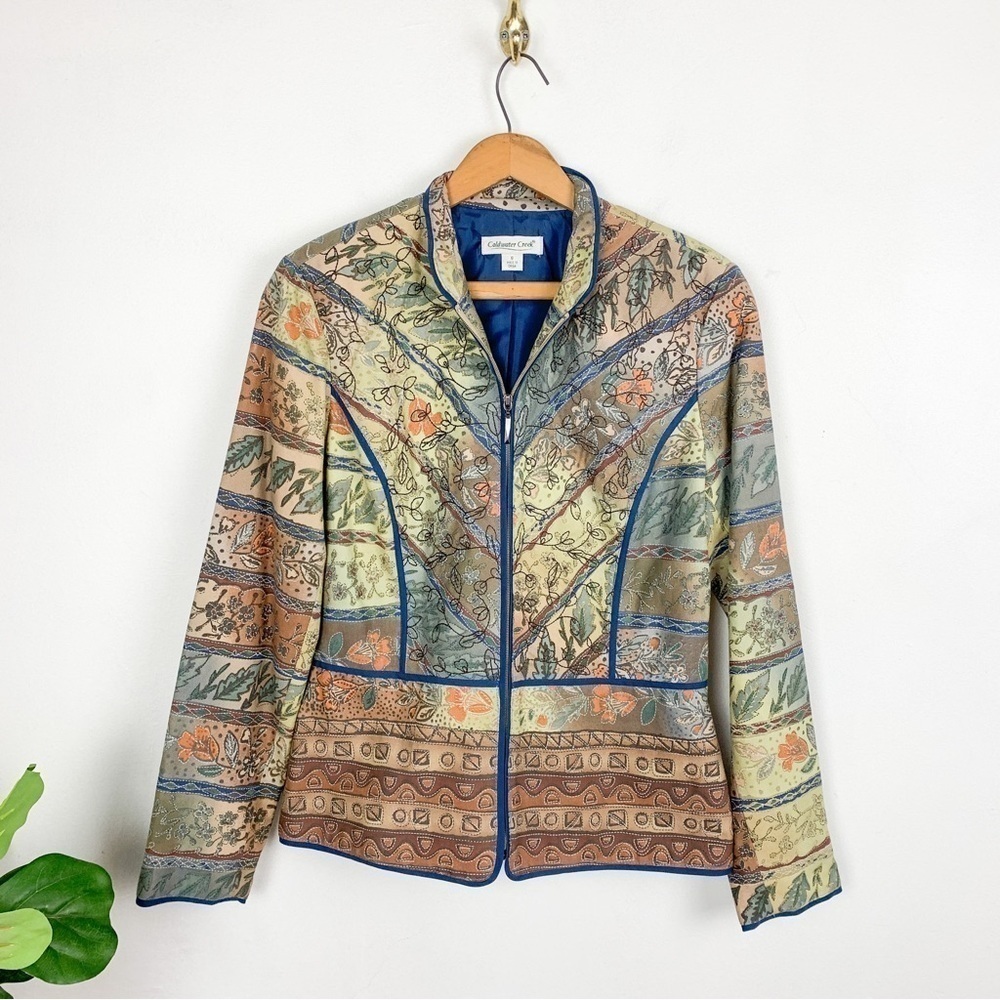 Coldwater Creek Floral Earthy Embroidered Boho Hippie Zip Up Jacket Sz 8/Medium